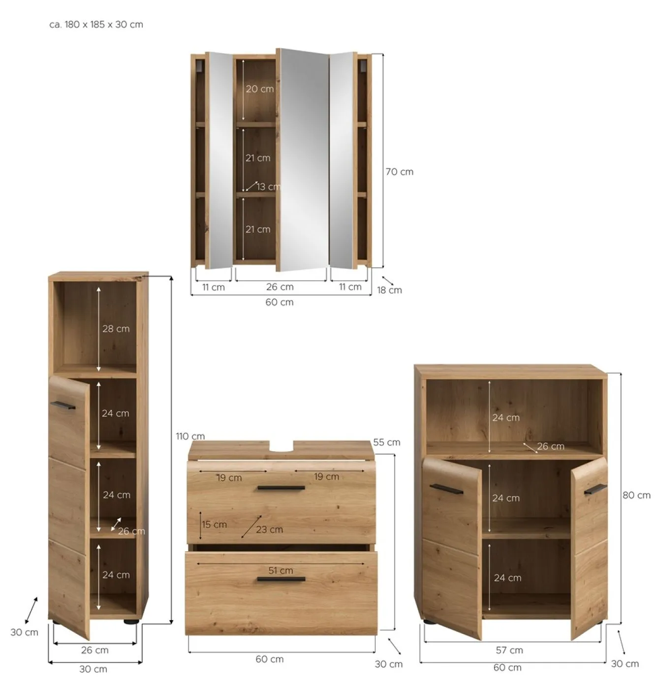 Bad Set Ice 8 | 4-teilig | Artisan Oak mit Aufsatzleuchte