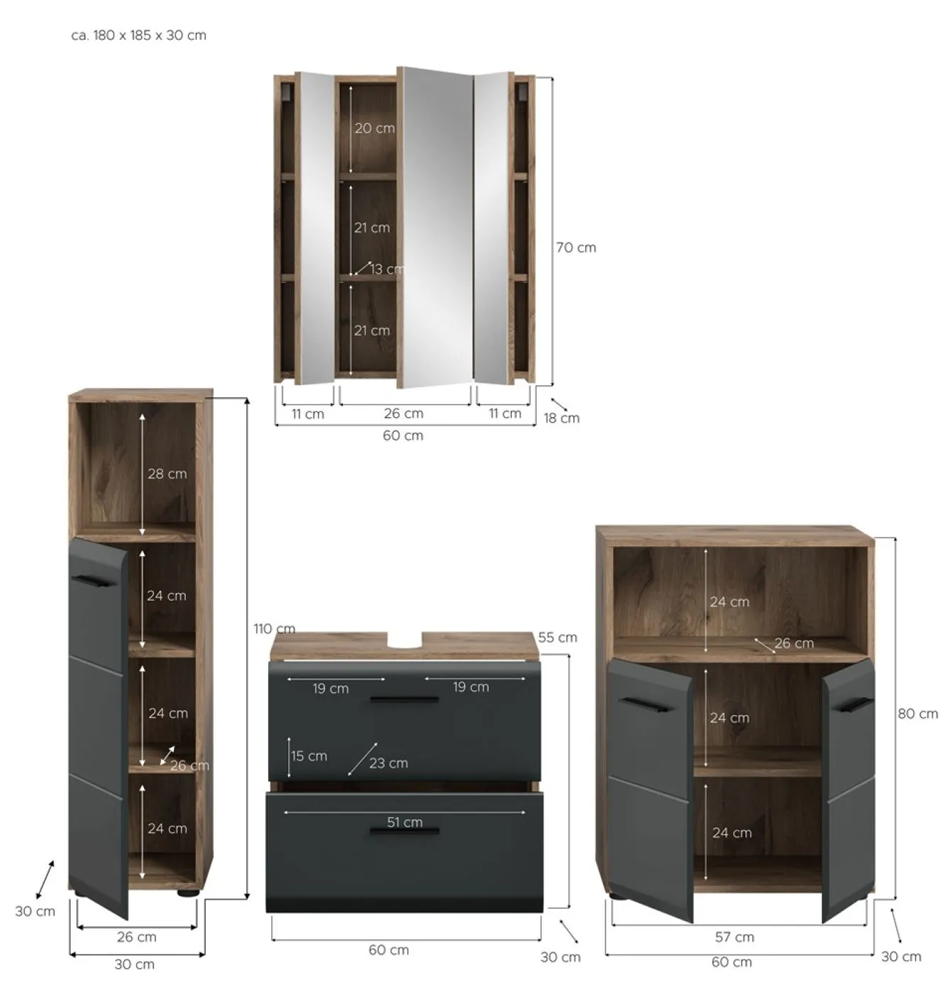 Bad Set Ice 8 | 4-teilig | Nox Oak / schwarz matt