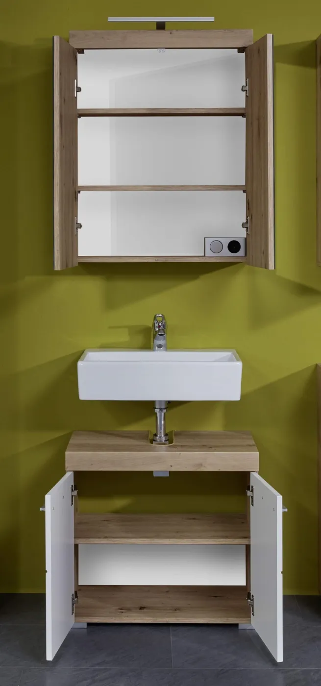 Badezimmer-Set Amanda | weiß Hochglanz / Eiche Asteiche | 2-teilig