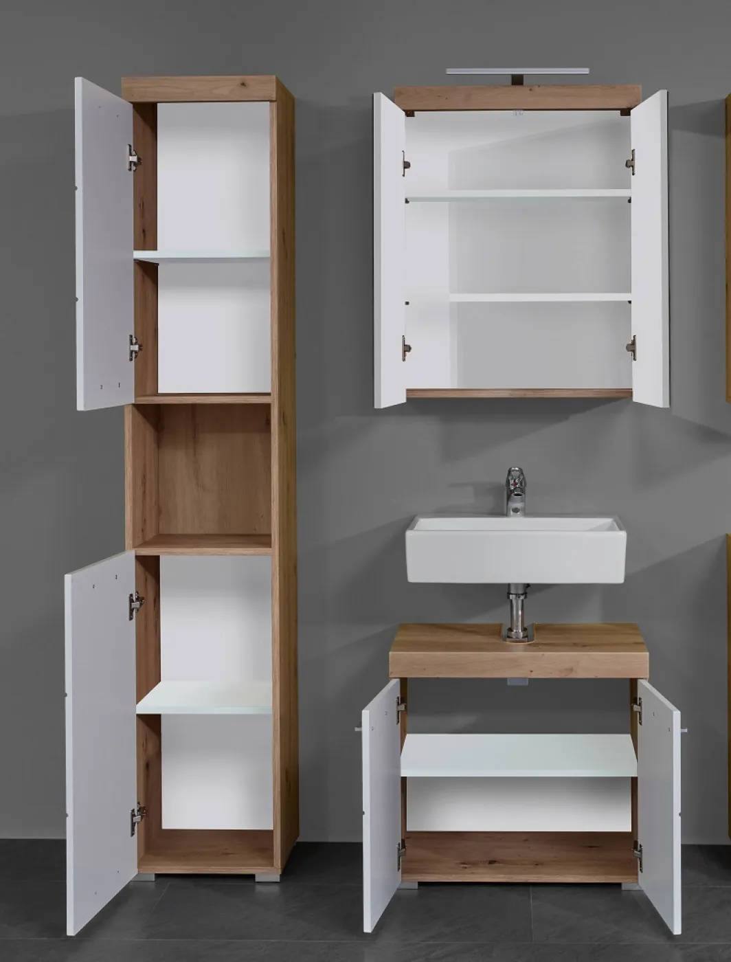 Badezimmer-Set Amanda | weiß Hochglanz / Eiche Asteiche | 3-teilig