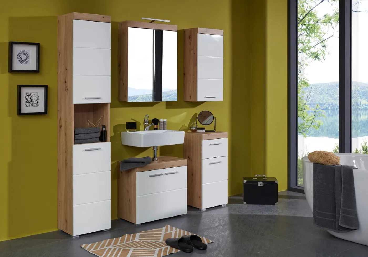 Badezimmer-Set Amanda | weiß Hochglanz / Eiche Asteiche | 3-teilig