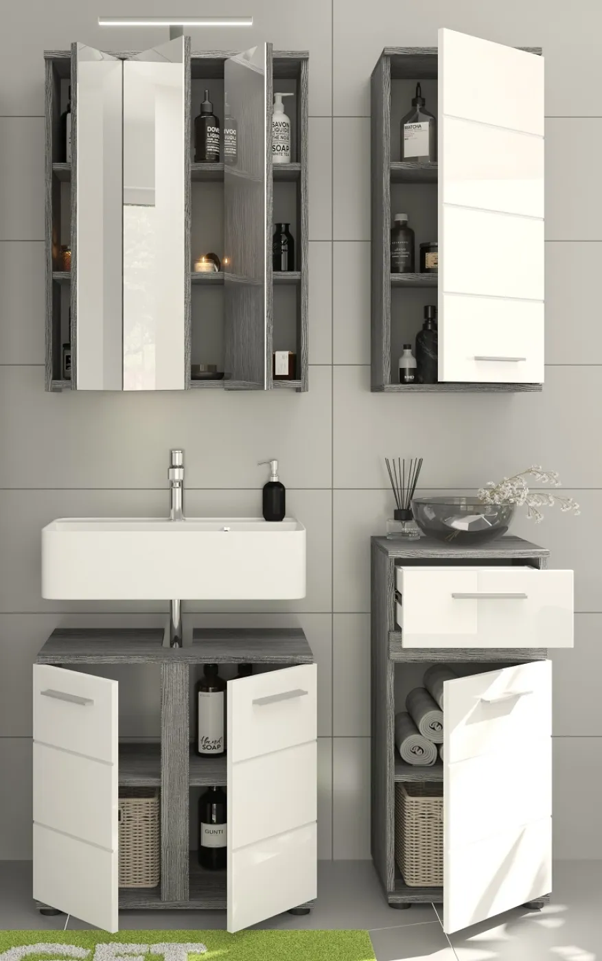 Badezimmer-Set Blake | weiß Hochglanz / rauchsilber | 4-teilig mit Aufsatzleuchte