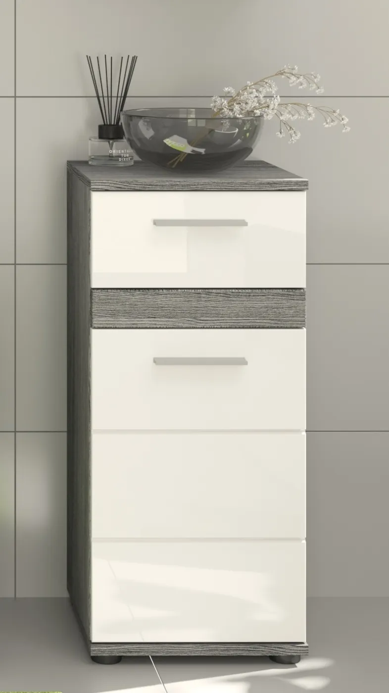 Badezimmer-Set Blake | weiß Hochglanz / rauchsilber | 4-teilig mit Aufsatzleuchte
