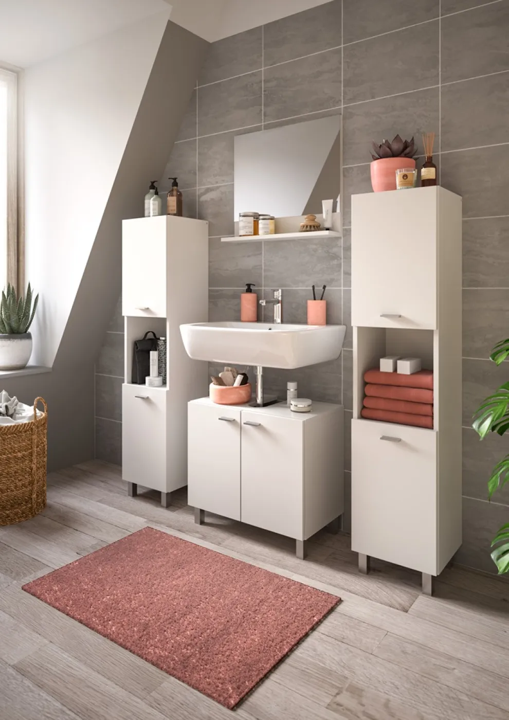 Badezimmer Set Boston | 4-teilig | weiß | mit Aufsatzleuchte