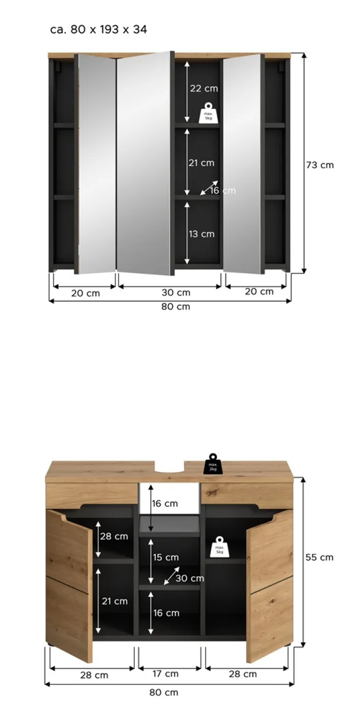 Badezimmer Set Canu 2 | 2-teilig | Artisan Eiche / Basalt grau | ohne Aufsatzleuchte