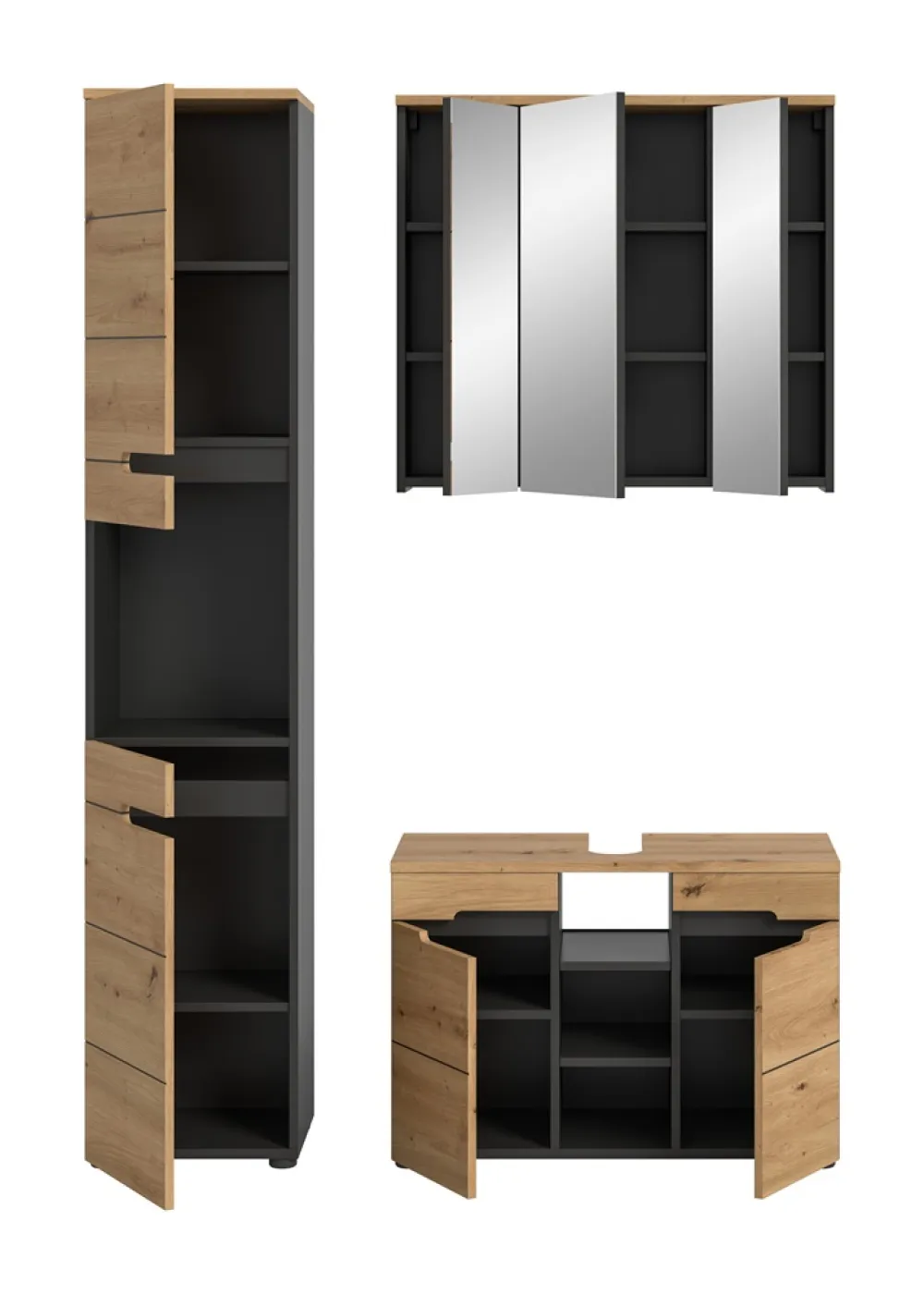 Badezimmer Set Canu 2 | 3-teilig | Artisan Eiche / Basalt grau | optional Beleuchtung
