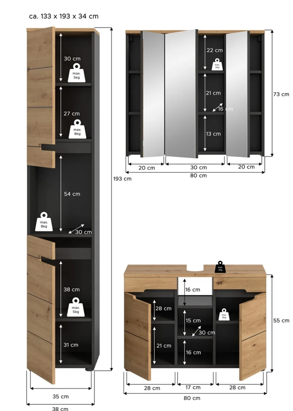Badezimmer Set Canu 2 | 3-teilig | Artisan Eiche / Basalt grau | optional Beleuchtung