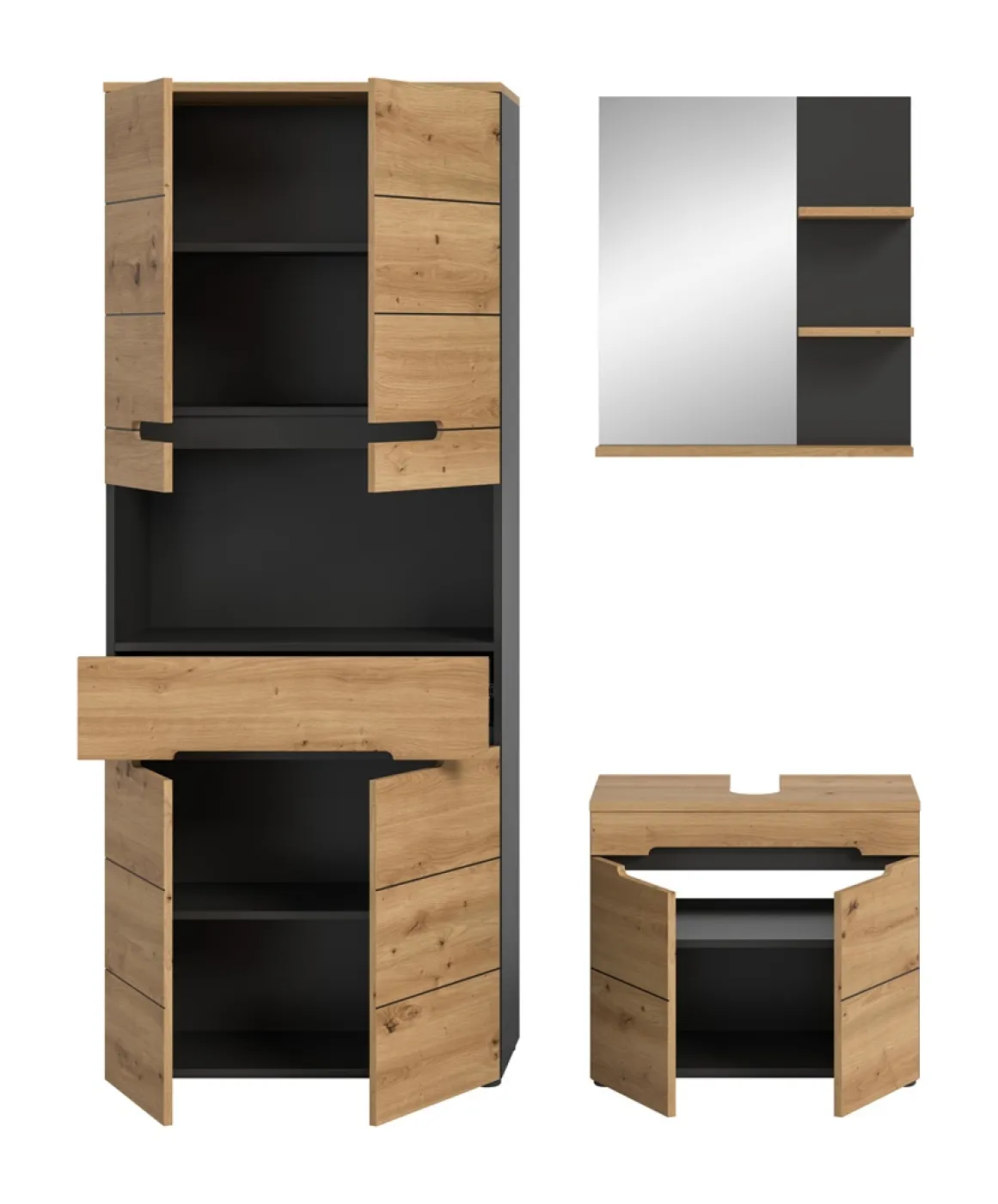 Badezimmer Set Canu 3 | 3-teilig | Artisan Eiche / Basalt grau | optional Beleuchtung
