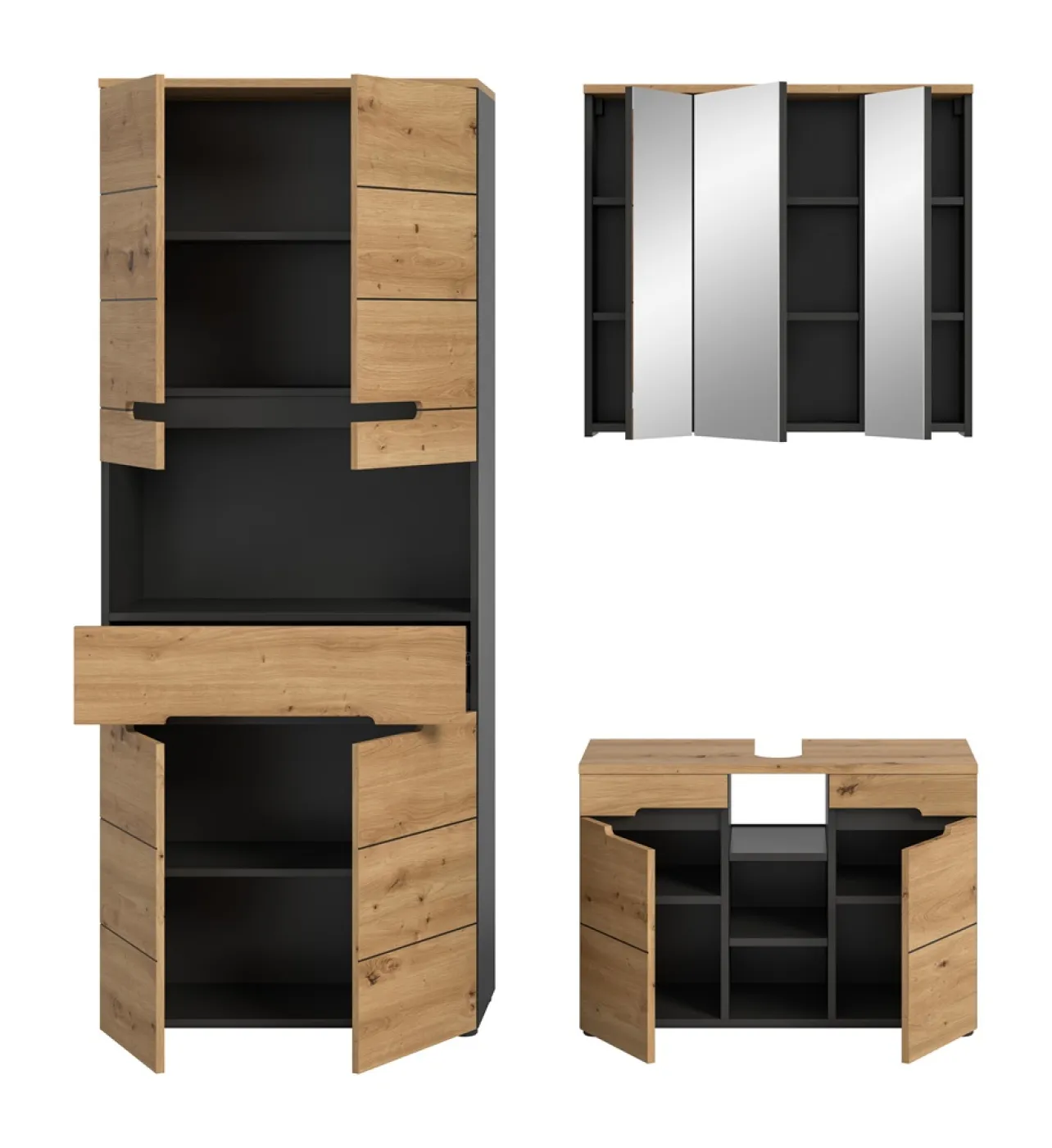 Badezimmer Set Canu 4 | 3-teilig | Artisan Eiche / Basalt grau | mit Aufsatzleuchte