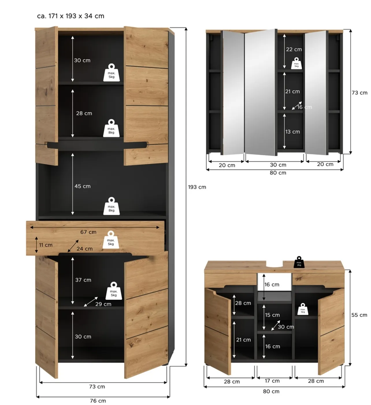 Badezimmer Set Canu 4 | 3-teilig | Artisan Eiche / Basalt grau | ohne Aufsatzleuchte