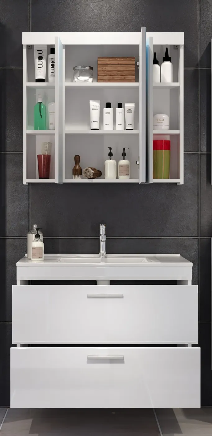 Badezimmer-Set Devon | inkl. Waschbecken | weiß Hochglanz | 2-teilig mit Aufsatzleuchte