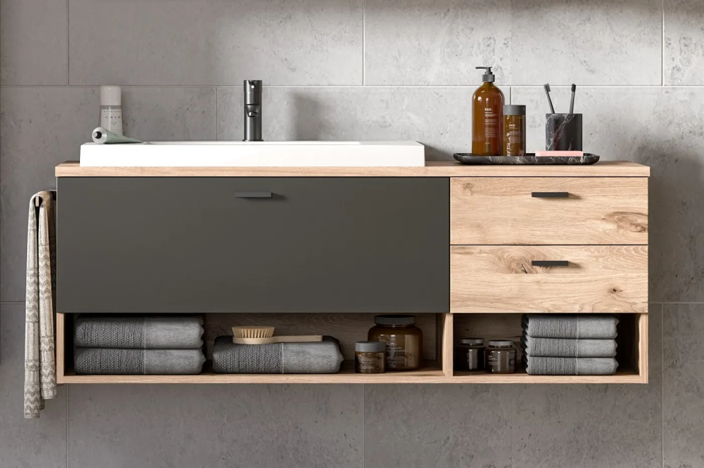 Badezimmer Set Grado | Nox Oak / grau | 3-teilig mit Aufsatzleuchte
