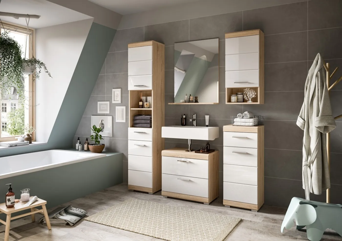 Badezimmer-Set Lambada 2a | weiß Hochglanz / Sonoma Eiche hell | 5-teilig | optional Beleuchtung mit Aufsatzleuchte