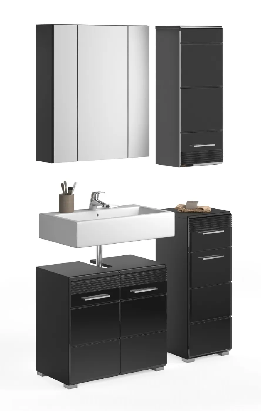 Badezimmer-Set Linus | schwarz Hochglanz | 4-teilig mit Aufsatzleuchte