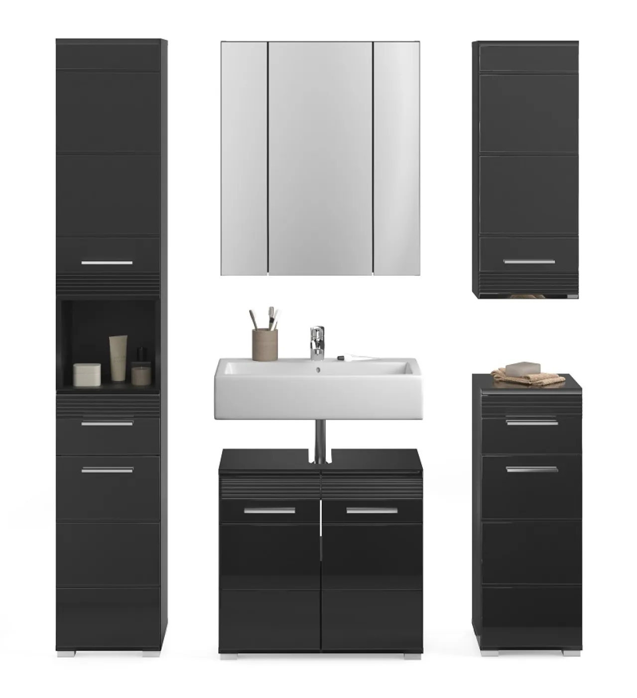 Badezimmer-Set Linus | schwarz Hochglanz | 5-teilig mit Aufsatzleuchte