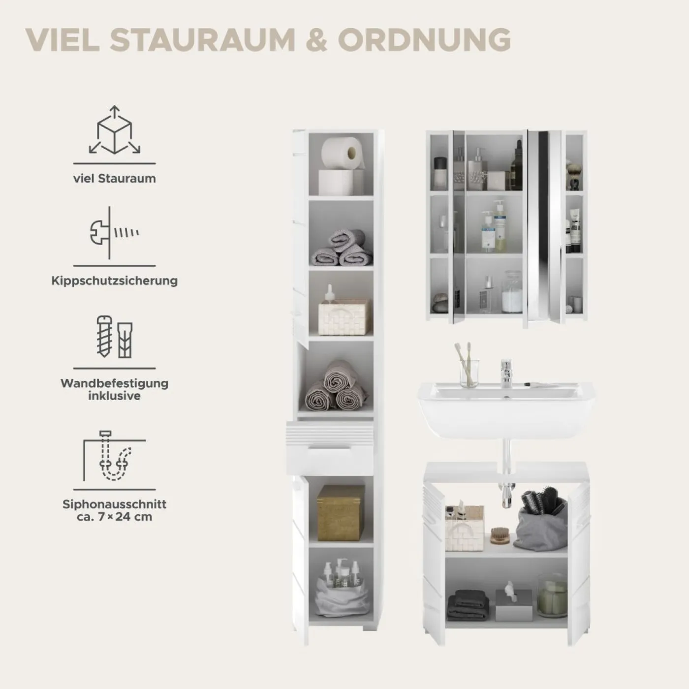 Badezimmer Set Linus | weiß Hochglanz | 3-teilig