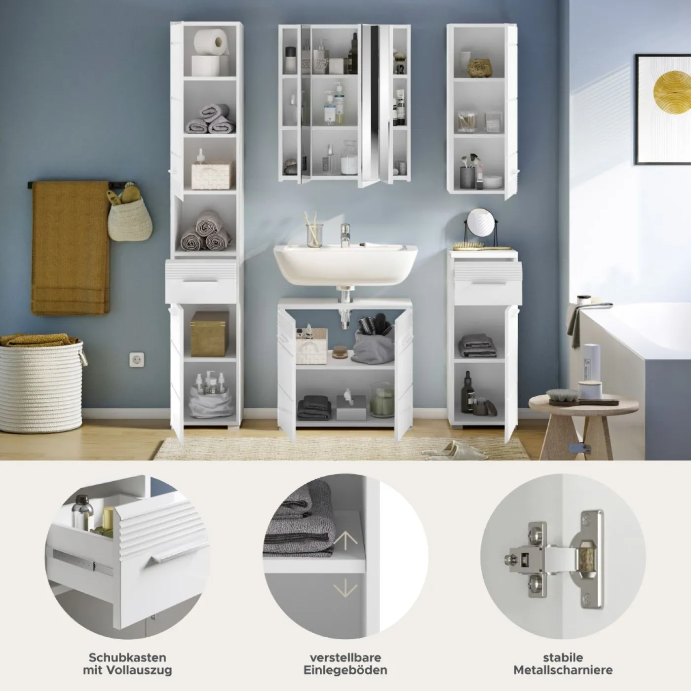 Badezimmer-Set Linus| weiß Hochglanz | 5-teilig
