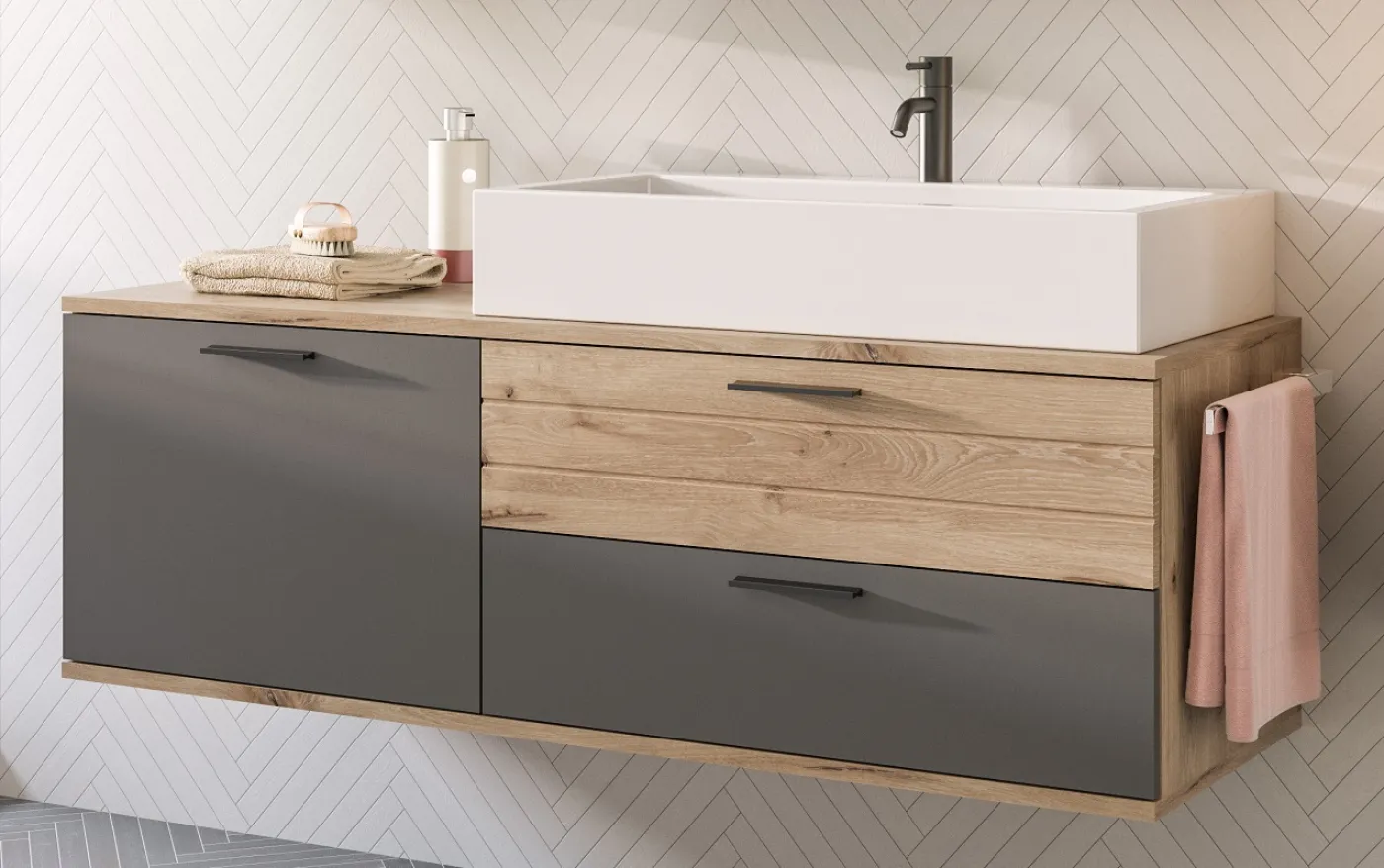 Badezimmer-Set Mason 1 | Nox Oak / Basalt grau | 4-teilig mit Handtuchhalter