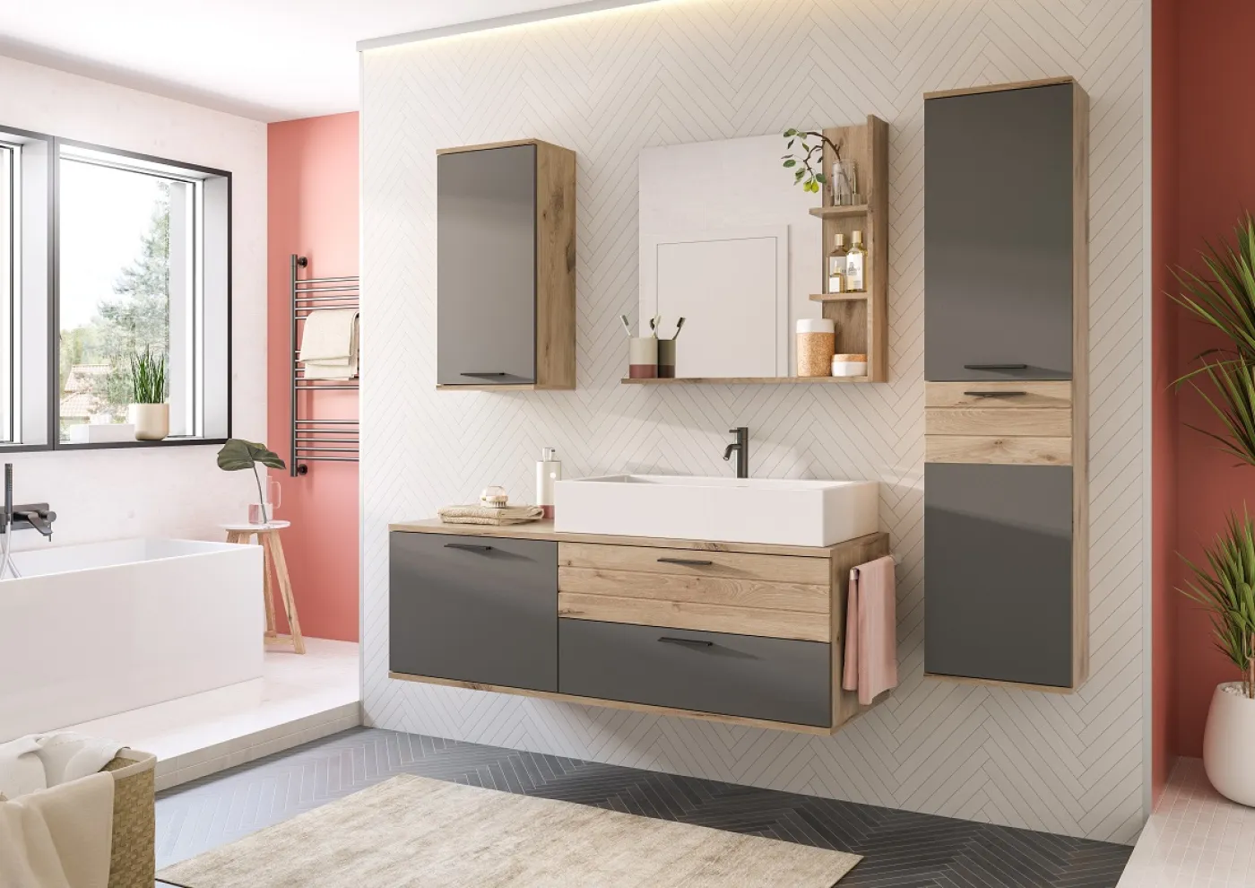 Badezimmer-Set Mason 1 | Nox Oak / Basalt grau | 5-teilig mit Handtuchhalter