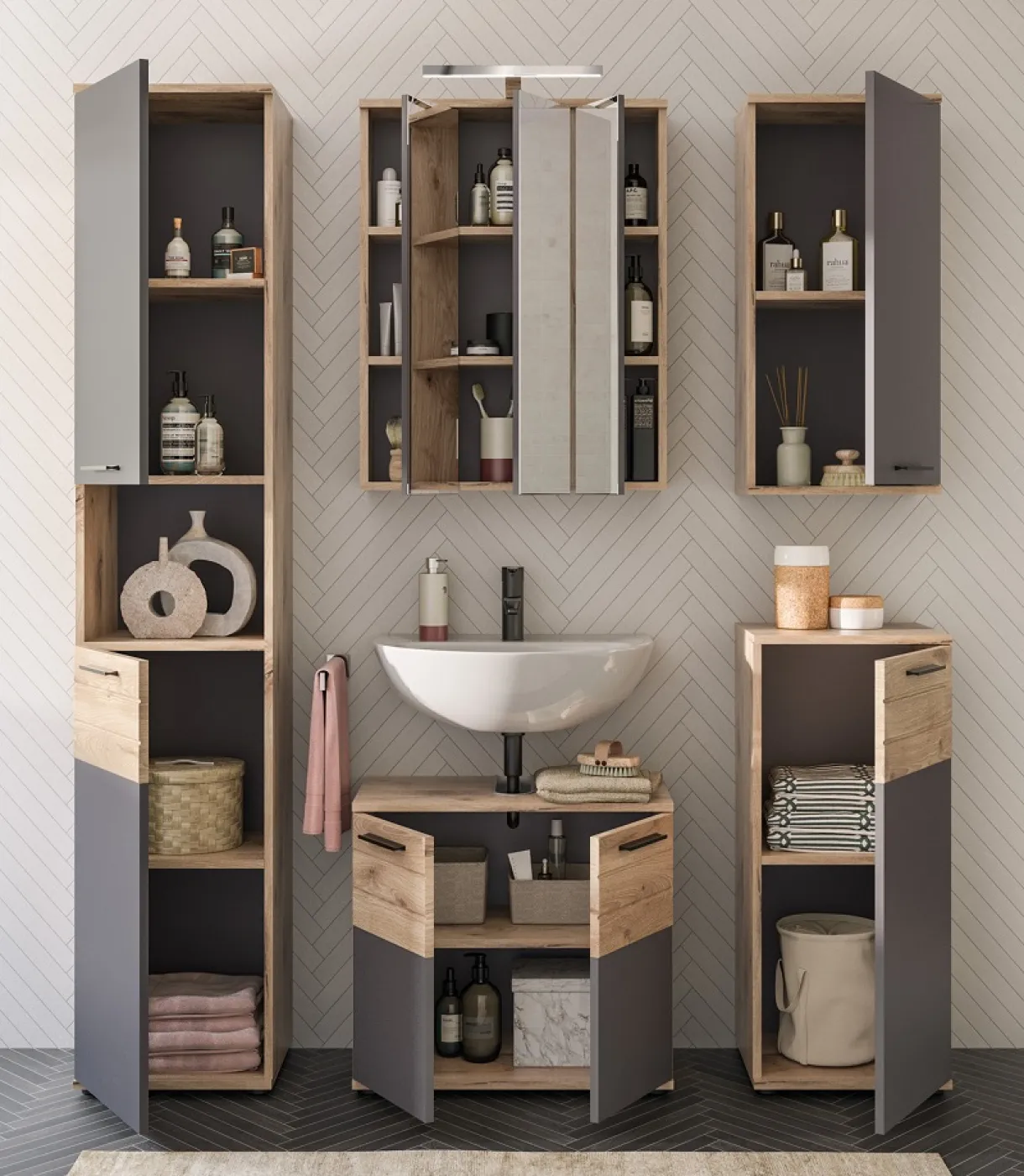 Badezimmer-Set Mason | Nox Oak / Basalt grau | 5-teilig