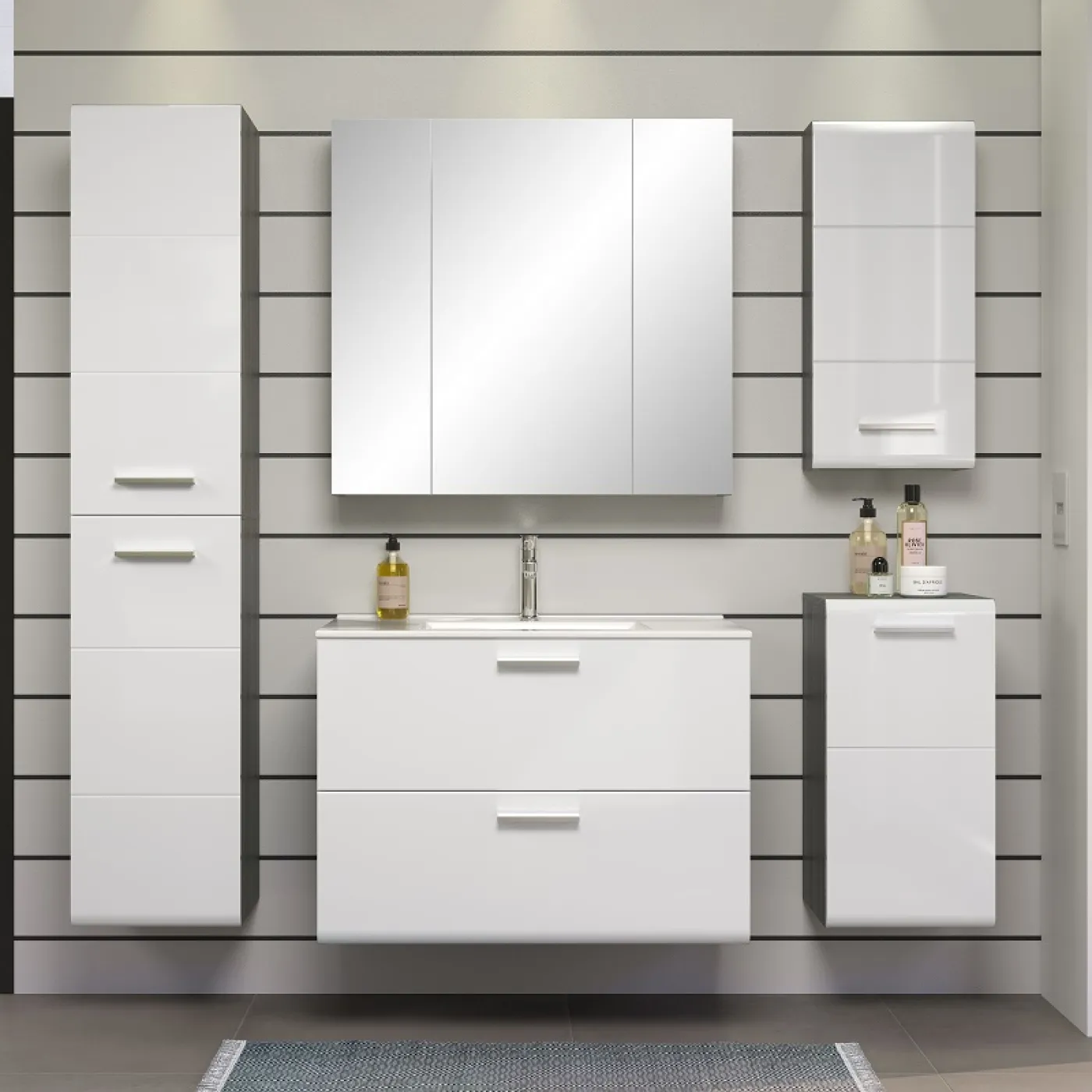 Badezimmer Set Riva 1 | inkl. Waschbecken | weiß / rauchsilber | 3-teilig