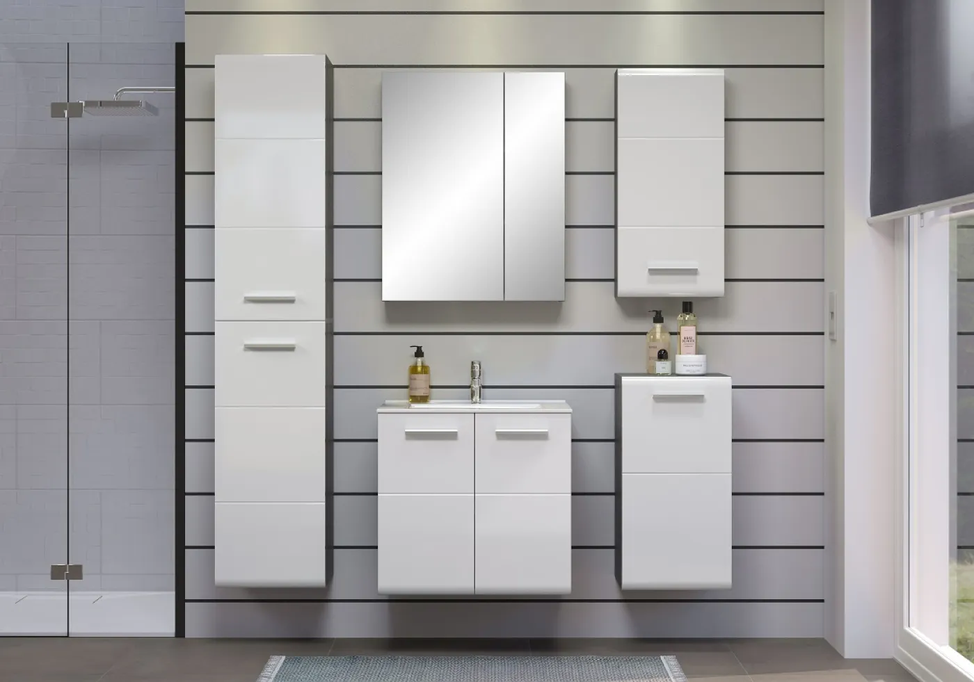 Badezimmer-Set Riva | inkl. Waschbecken | weiß / rauchsilber | 2-teilig mit Aufsatzleuchte