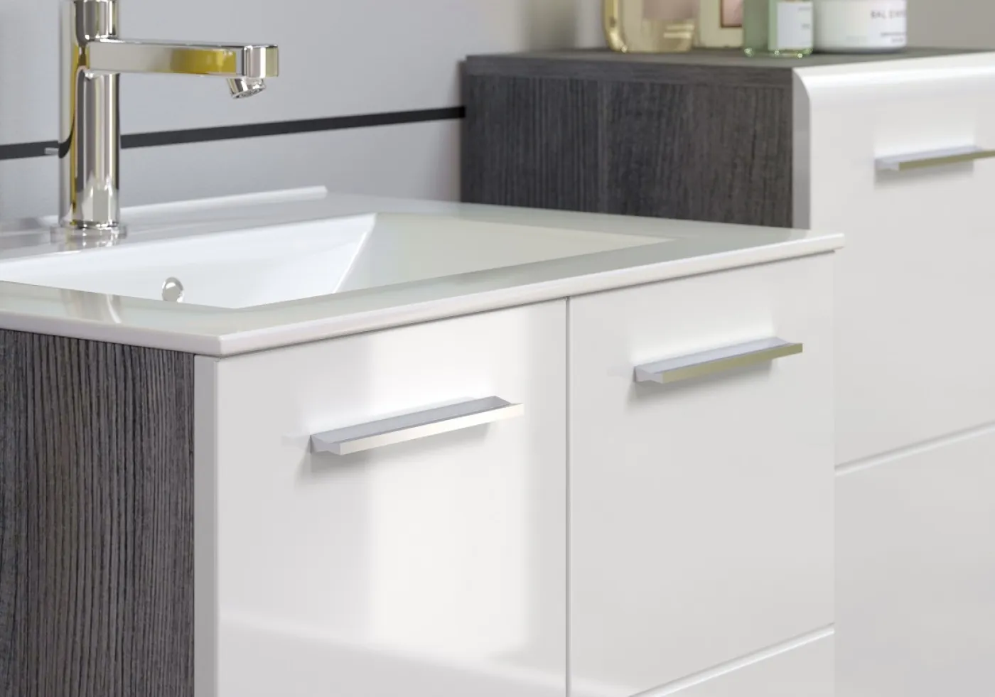 Badezimmer Set Riva | inkl. Waschbecken | weiß / rauchsilber | 3-teilig ohne Aufsatzleuchte
