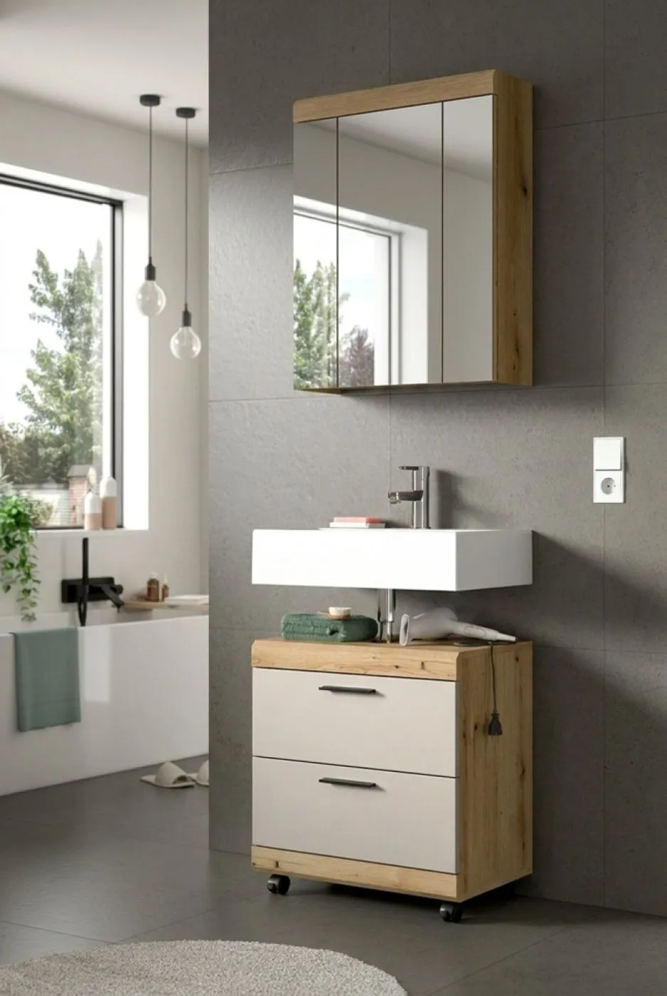 Badezimmer-Set Scout 1 auf Rollen | Kaschmir / Evoak Oak | 2-teilig