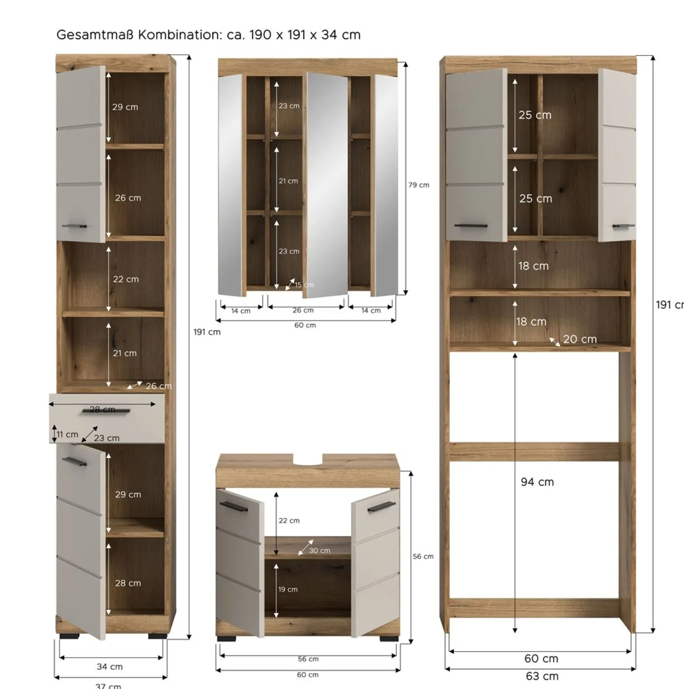 Badezimmer-Set Scout 1 | Kaschmir / Evoak Oak | 4-teilig mit Aufsatzleuchte
