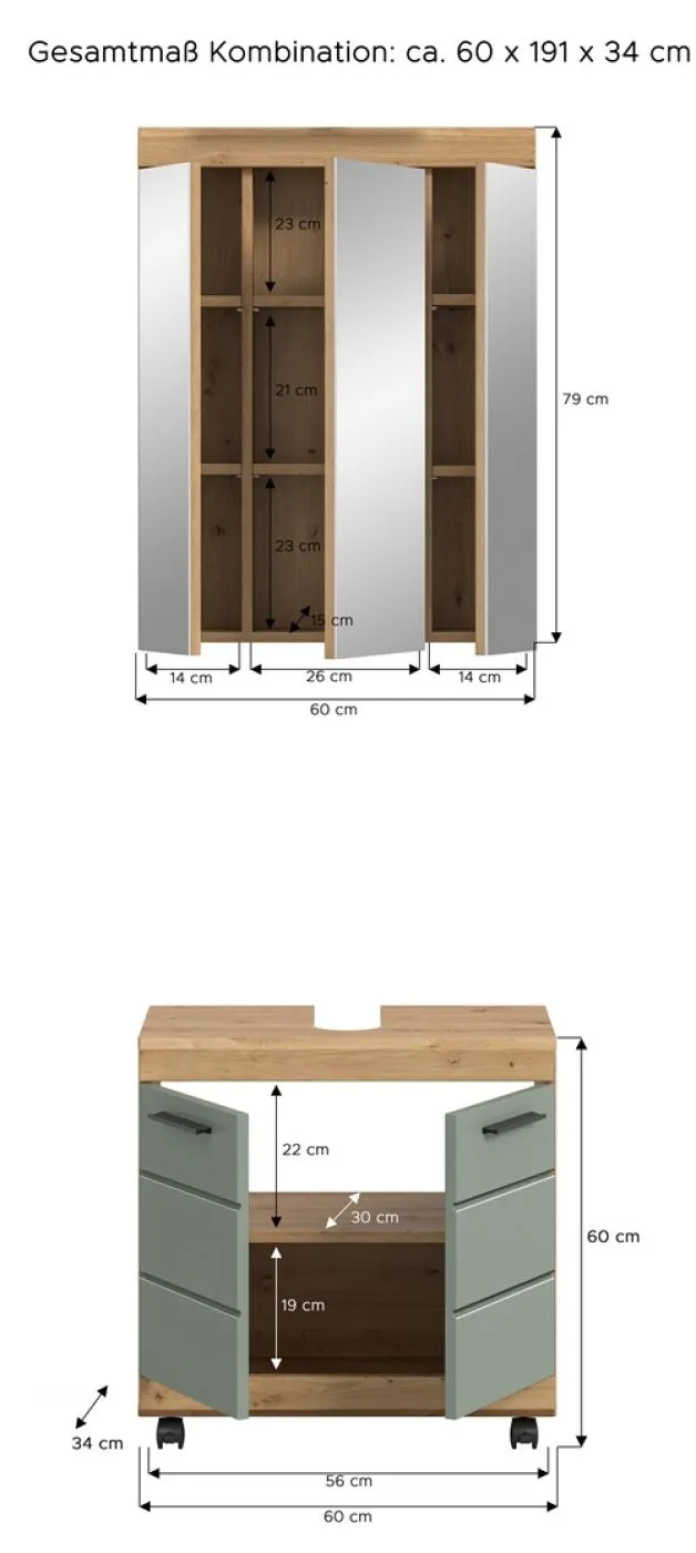 Badezimmer-Set Scout 2 auf Rollen | Salbei / Artisan Eiche | 2-teilig