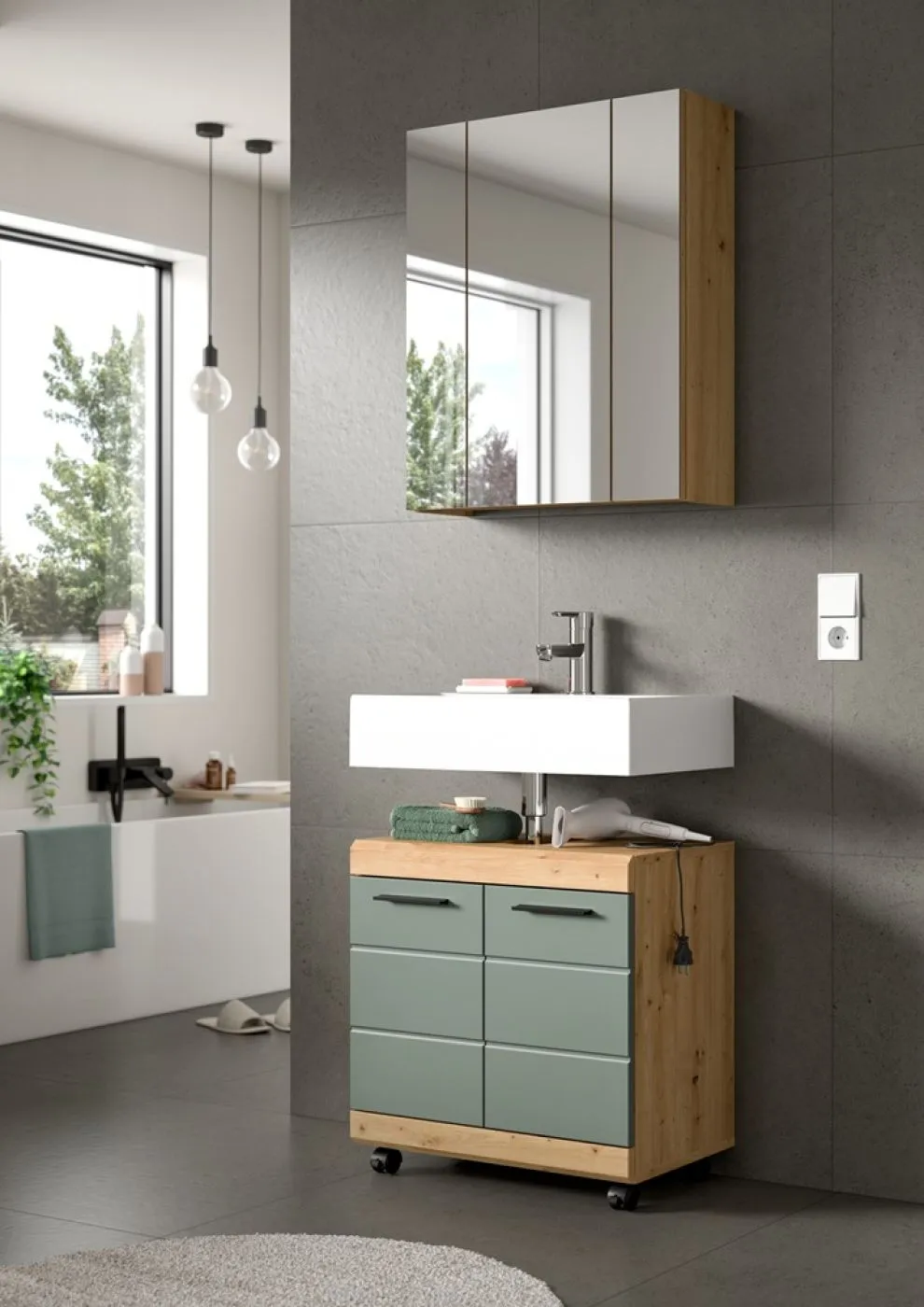 Badezimmer-Set Scout 2 auf Rollen | Salbei / Artisan Eiche | 2-teilig mit Aufsatzleuchte