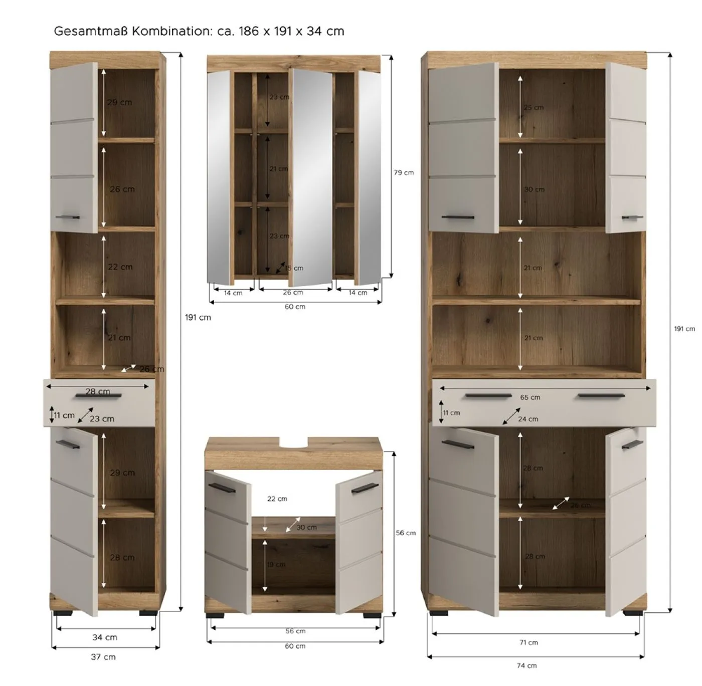 Badezimmer-Set Scout 2 | Kaschmir / Evoak Oak | 4-teilig mit Aufsatzleuchte