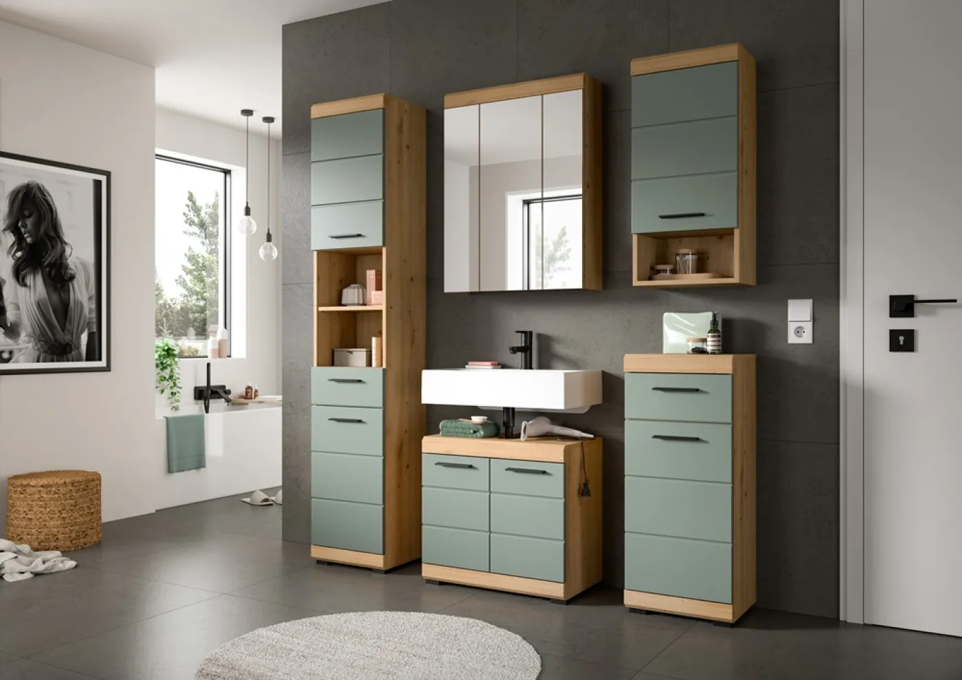 Badezimmer-Set Scout 2 | Salbei / Artisan Eiche | 3-teilig | optional Aufsatzleuchte