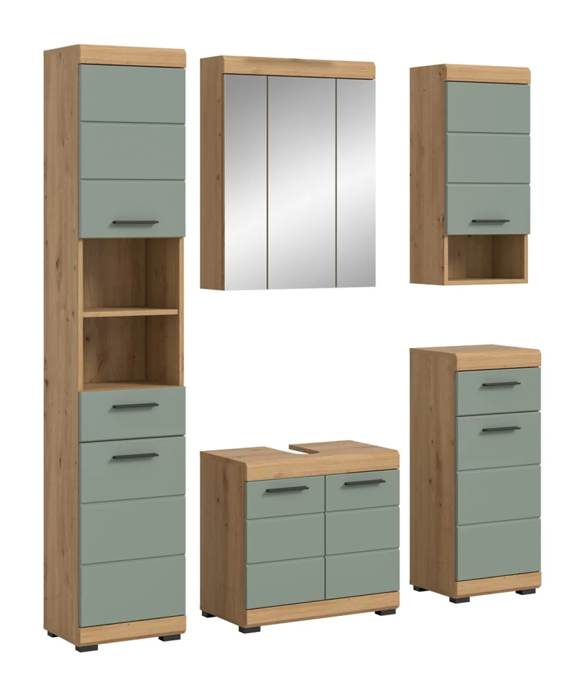 Badezimmer-Set Scout 2 | Salbei / Artisan Eiche | 5-teilig | mit Aufsatzleuchte