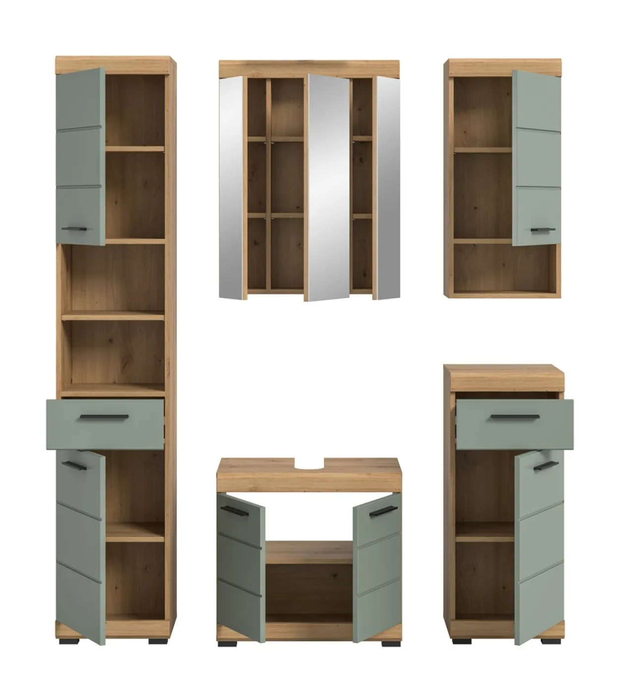 Badezimmer-Set Scout 2 | Salbei / Artisan Eiche | 5-teilig | optional Aufsatzleuchte