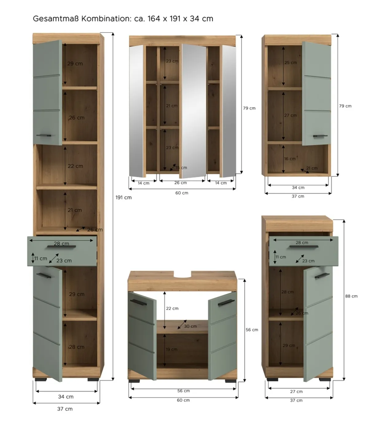 Badezimmer-Set Scout 2 | Salbei / Artisan Eiche | 5-teilig | optional Aufsatzleuchte