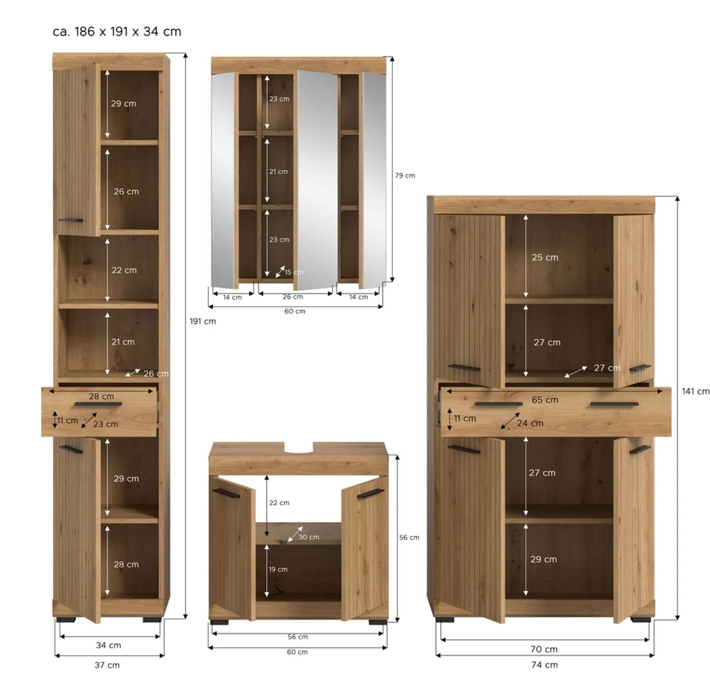 Badezimmer-Set Scout 3 | Artisan Eiche | 4-teilig mit Aufsatzleuchte