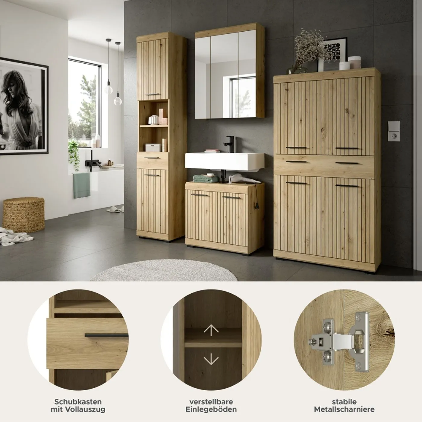 Badezimmer-Set Scout 3 | Artisan Eiche | 4-teilig mit Aufsatzleuchte