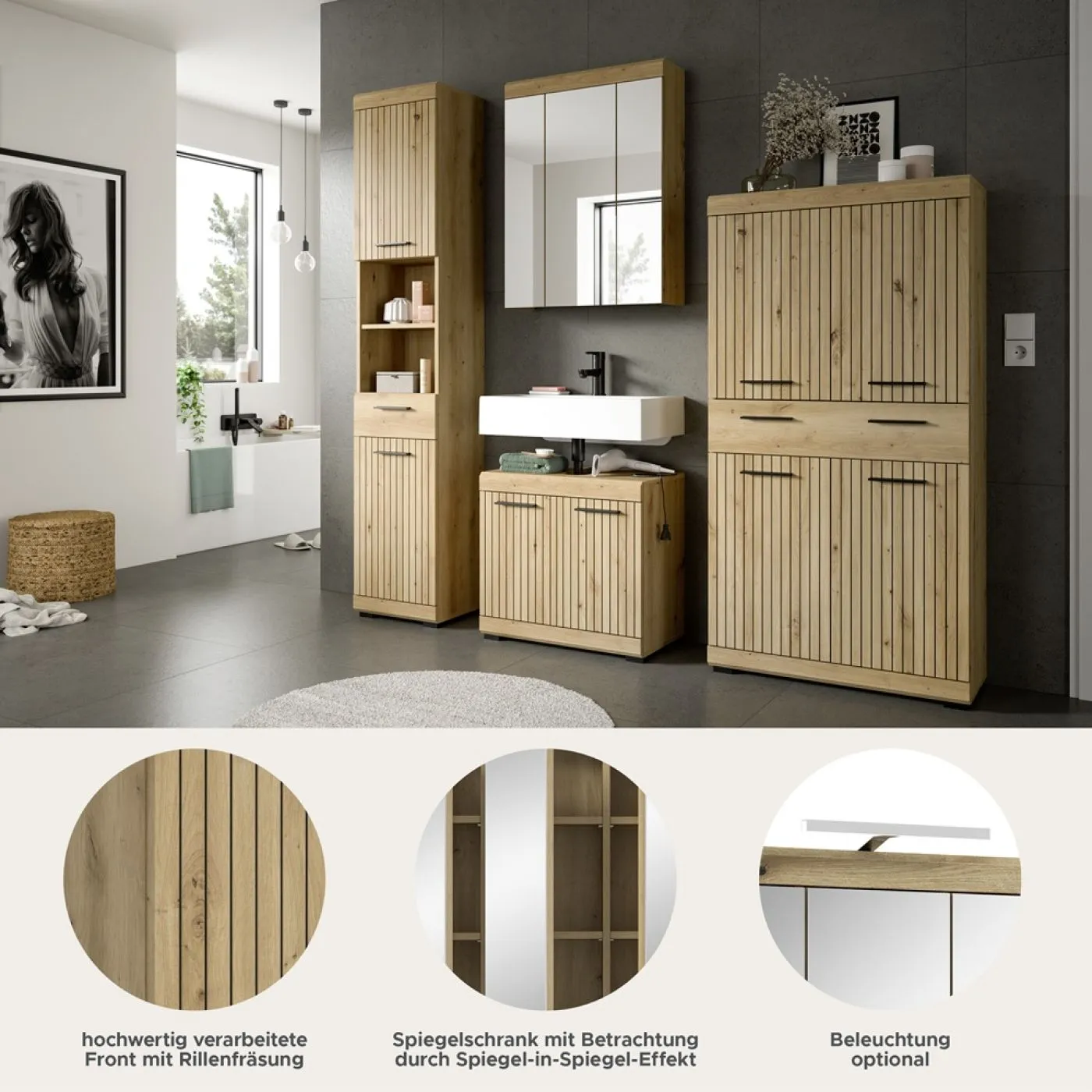Badezimmer-Set Scout 3 | Artisan Eiche | 4-teilig mit Aufsatzleuchte