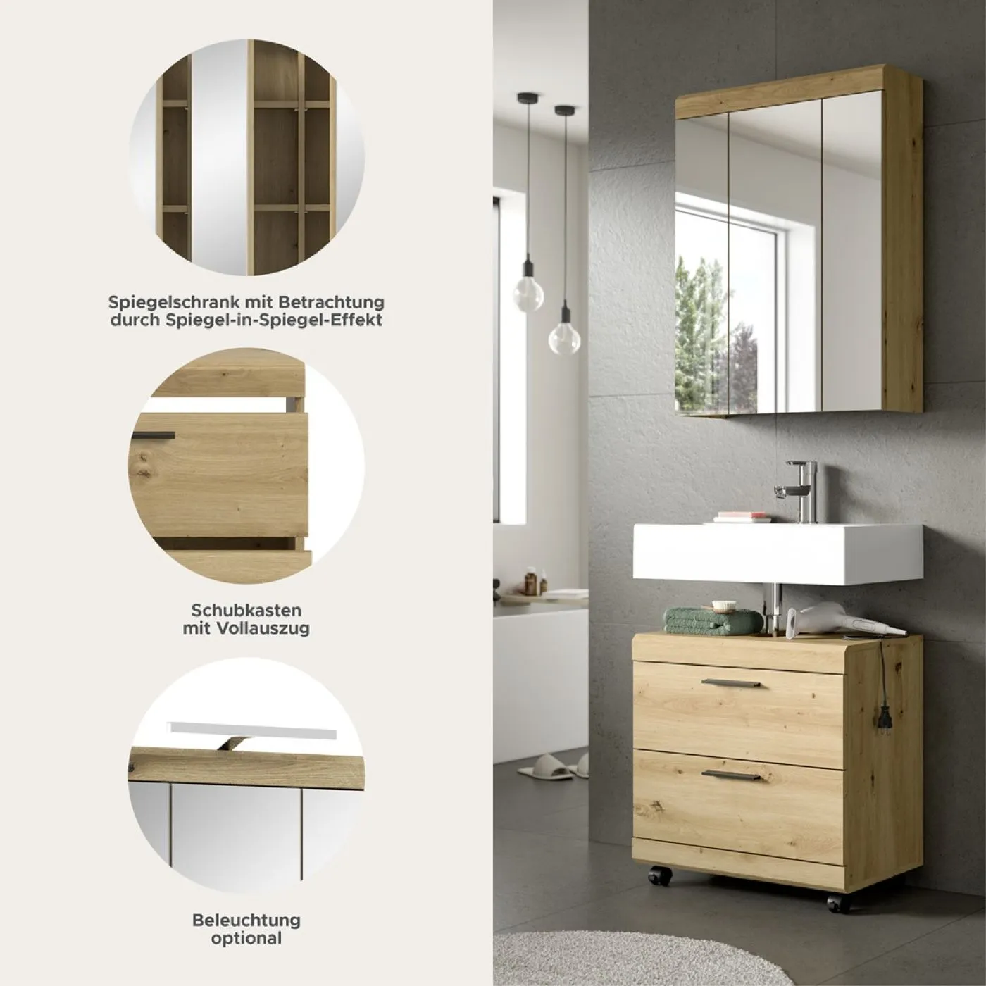 Badezimmer-Set Scout 3 auf Rollen | Artisan Eiche | 2-teilig ohne