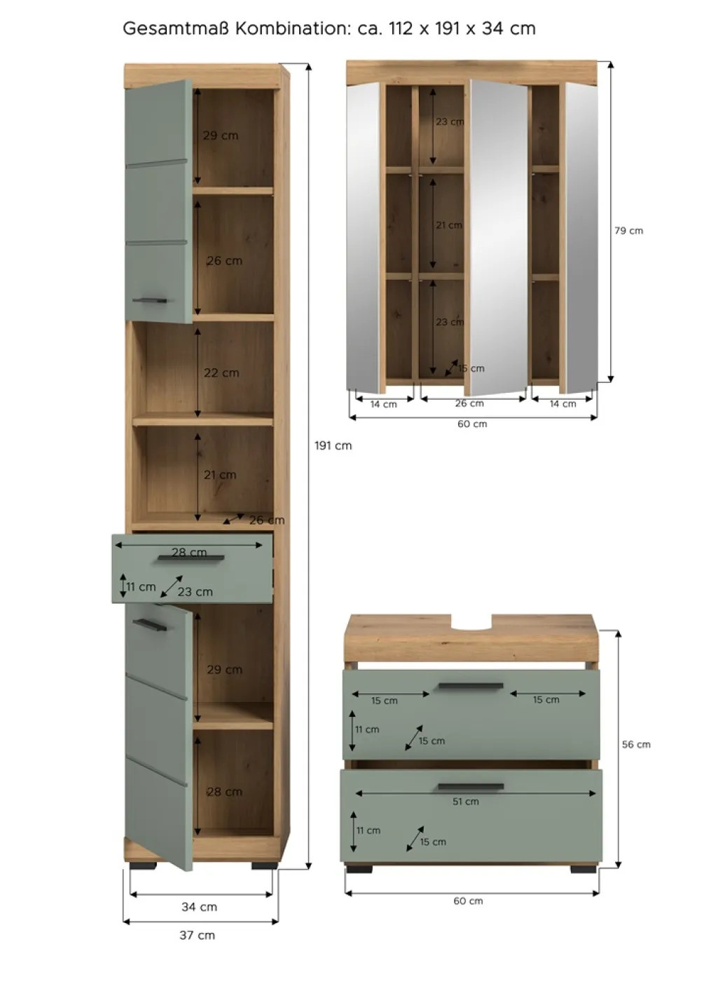Badezimmer-Set Scout 3 | Salbei / Artisan Eiche | 3-teilig | mit Aufsatzleuchte
