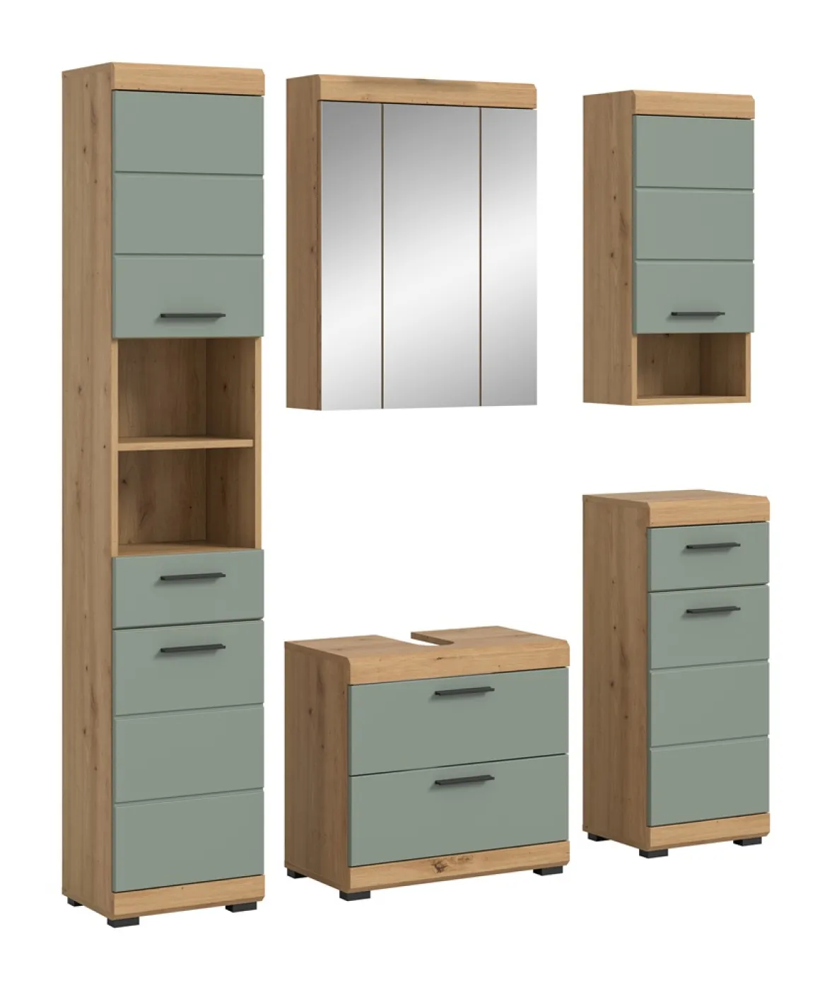 Badezimmer-Set Scout 3 | Salbei / Artisan Eiche | 5-teilig | mit Aufsatzleuchte