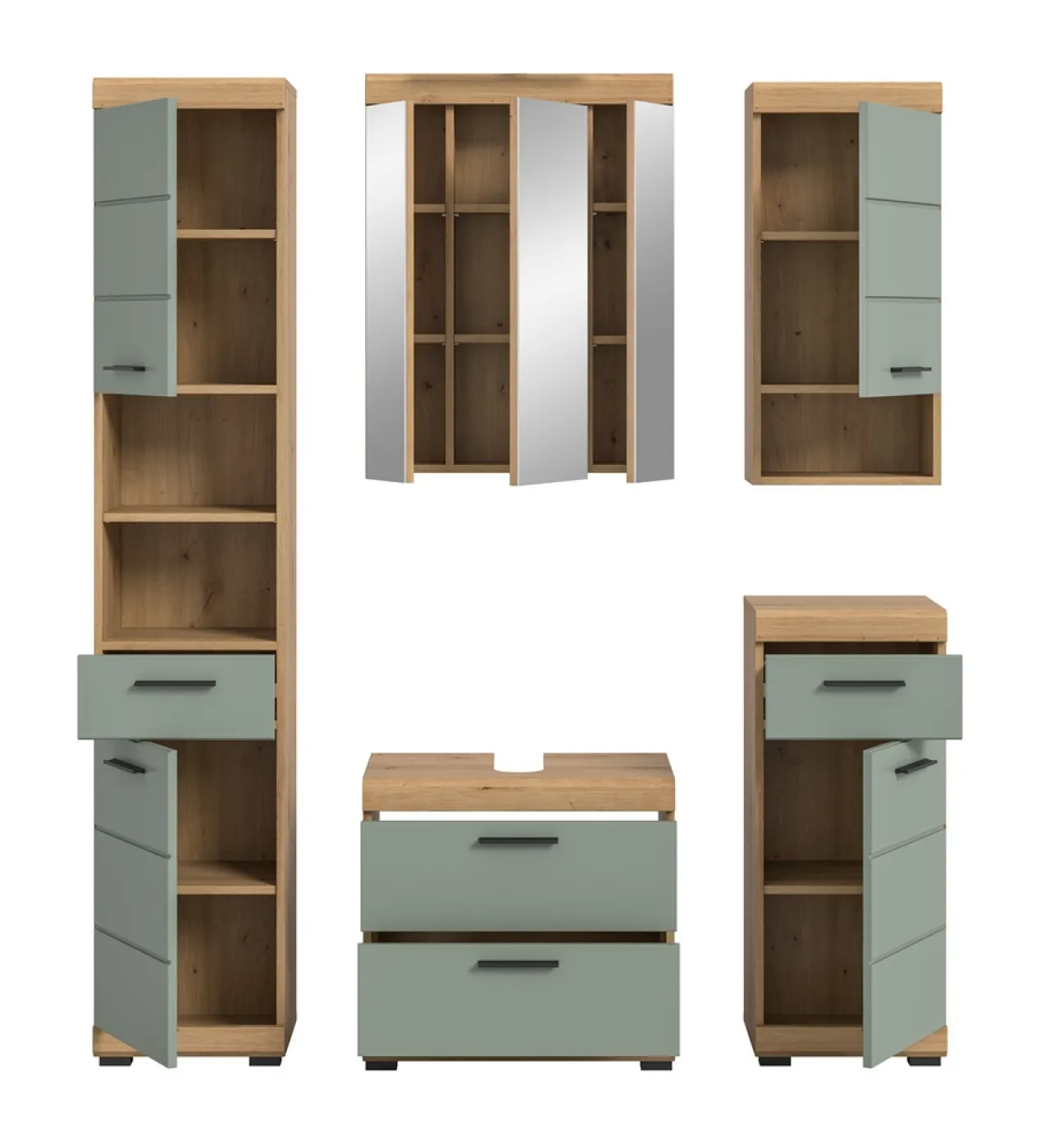 Badezimmer-Set Scout 3 | Salbei / Artisan Eiche | 5-teilig | optional Aufsatzleuchte