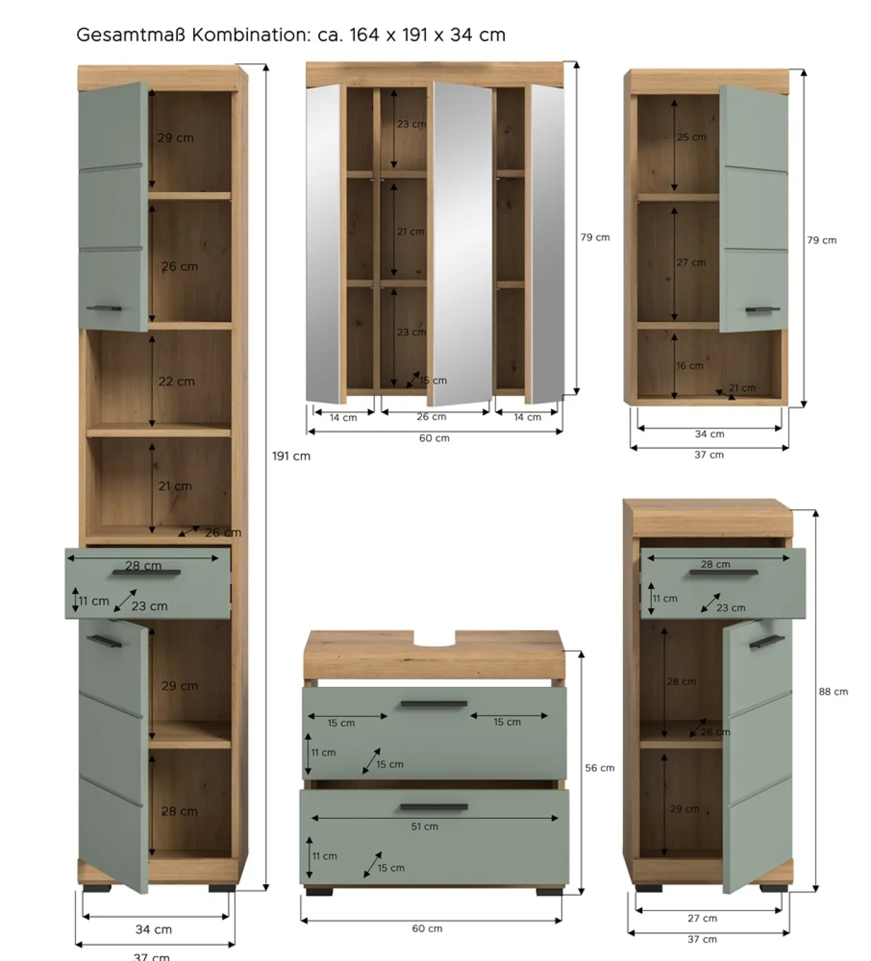 Badezimmer-Set Scout 3 | Salbei / Artisan Eiche | 5-teilig | optional Aufsatzleuchte