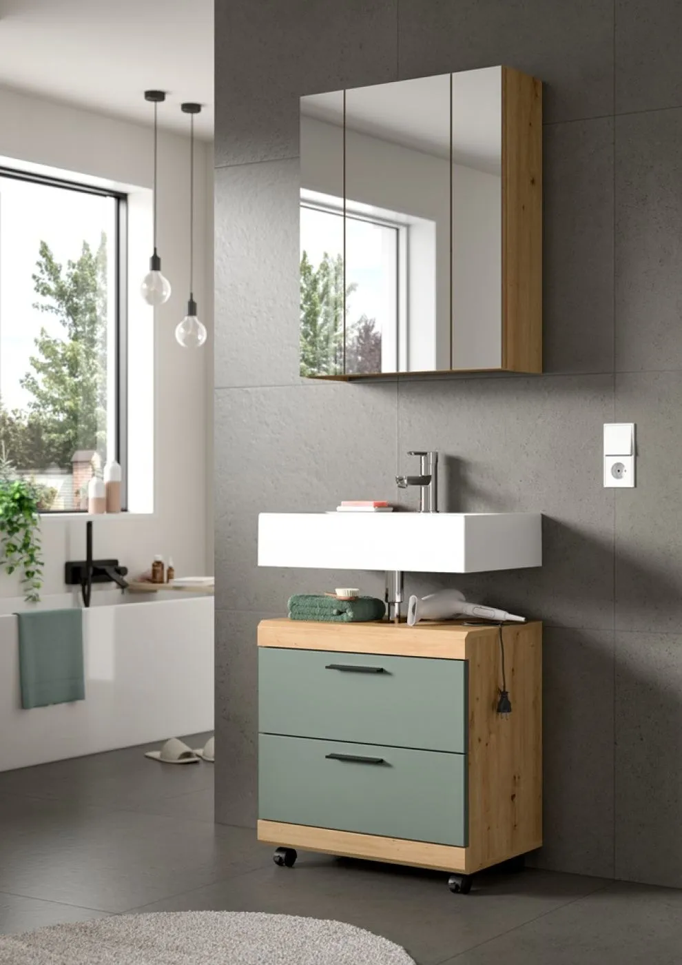 Badezimmer-Set Scout 6 auf Rollen | Salbei / Artisan Eiche | 2-teilig mit Aufsatzleuchte