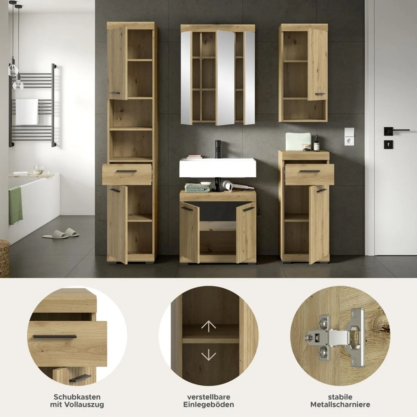 Badezimmer-Set Scout | Artisan Eiche | 5-teilig mit Aufsatzleuchte