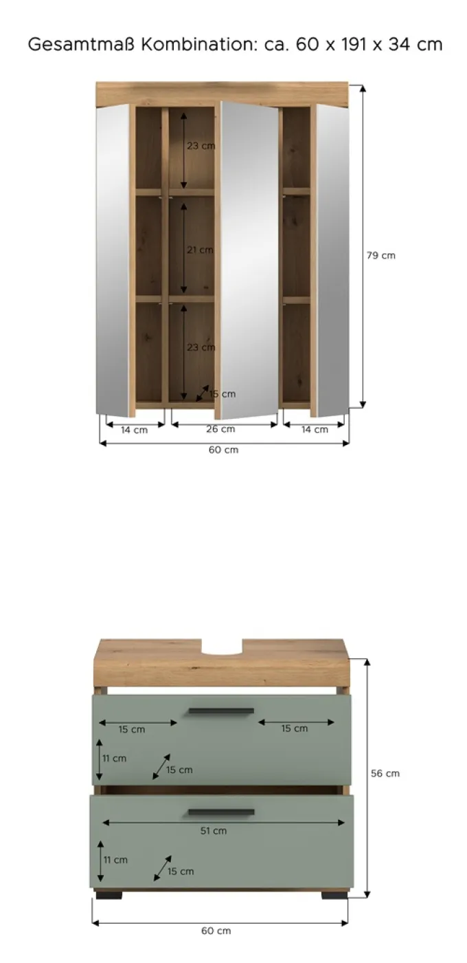 Badezimmer-Set Scout 6 | Salbei / Artisan Eiche | 2-teilig | optional Aufsatzleuchte