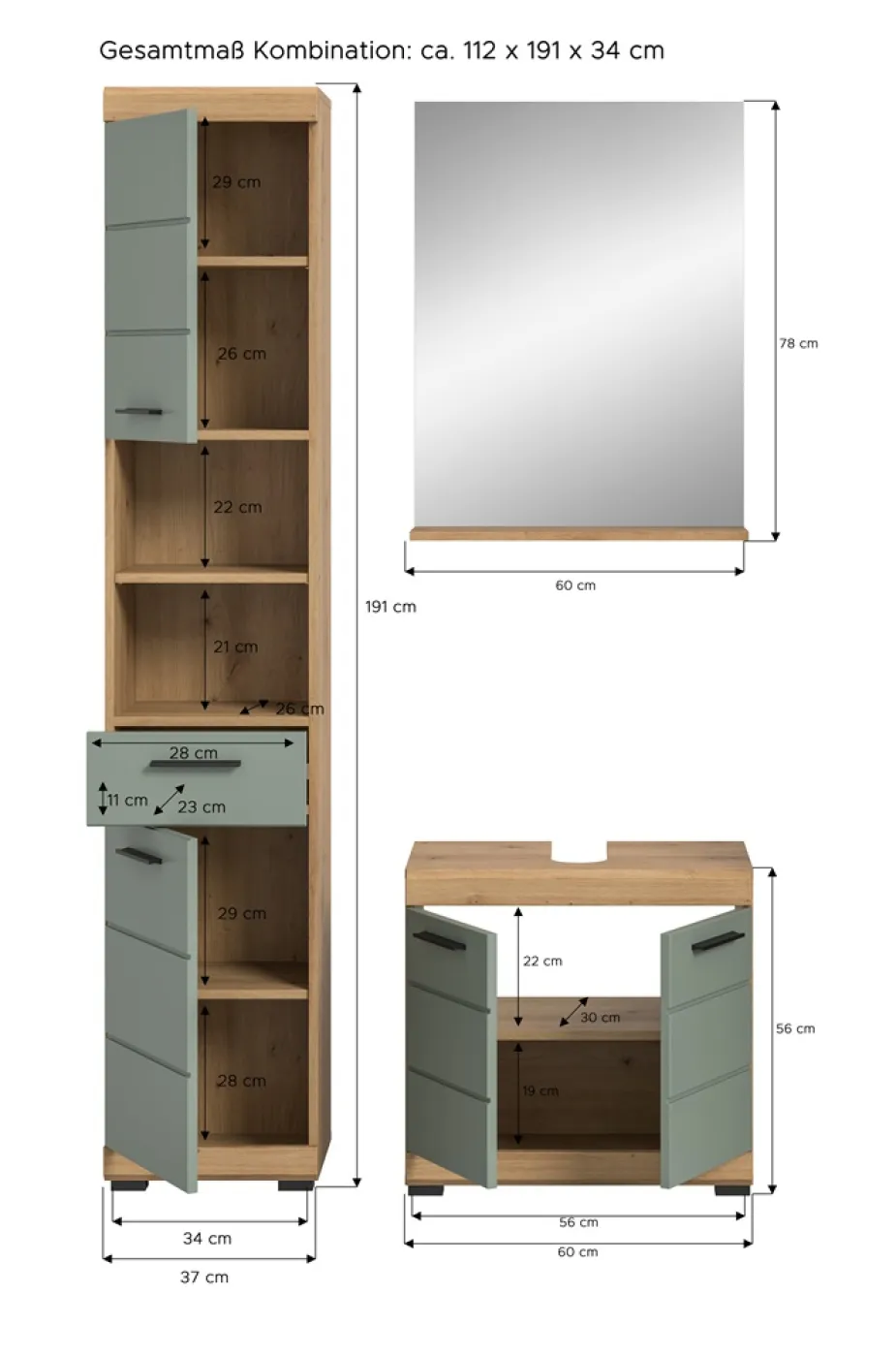 Badezimmer-Set Scout | Salbei / Artisan Eiche | 3-teilig | mit Aufsatzleuchte