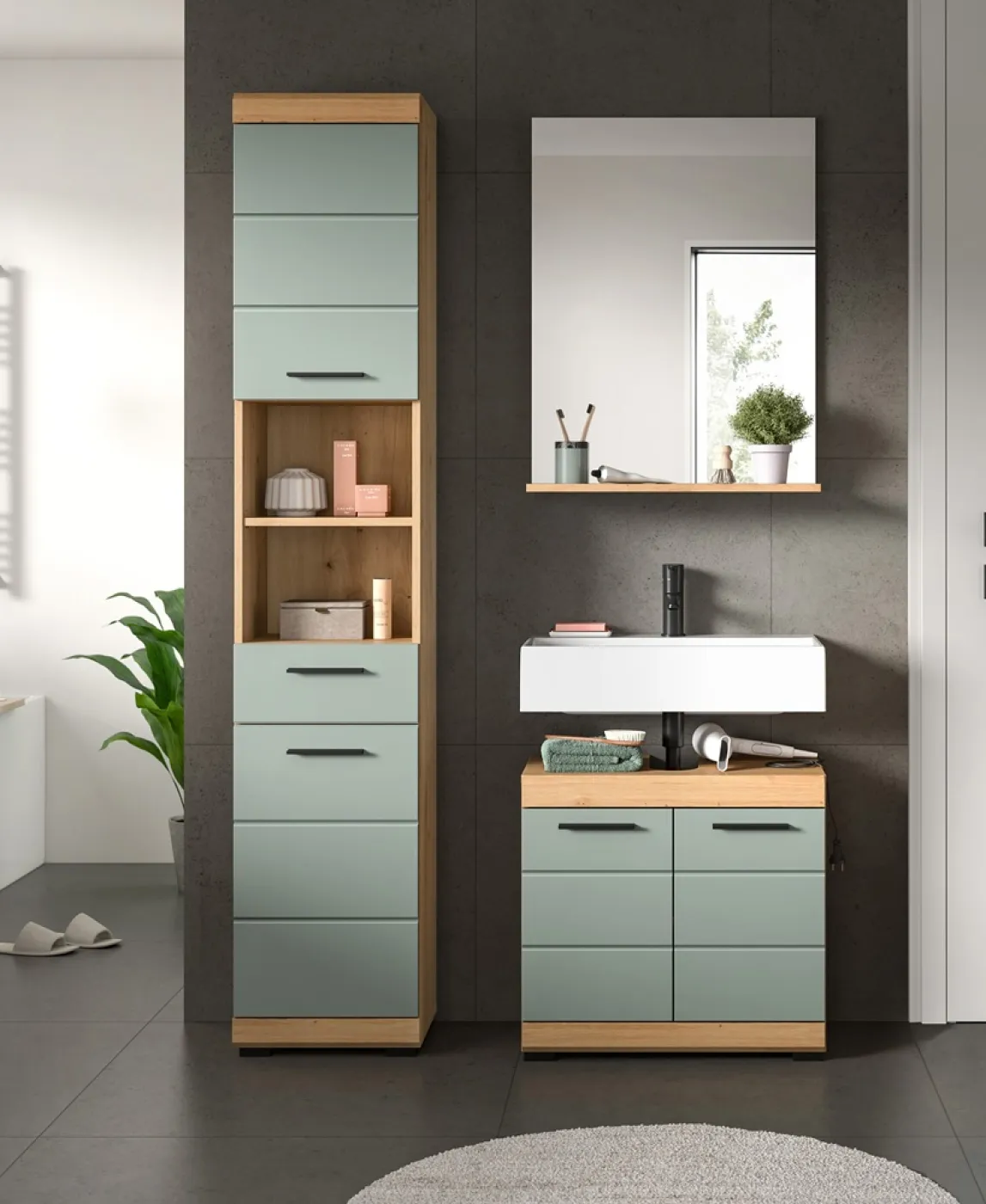Badezimmer-Set Scout | Salbei / Artisan Eiche | 3-teilig | optional Aufsatzleuchte