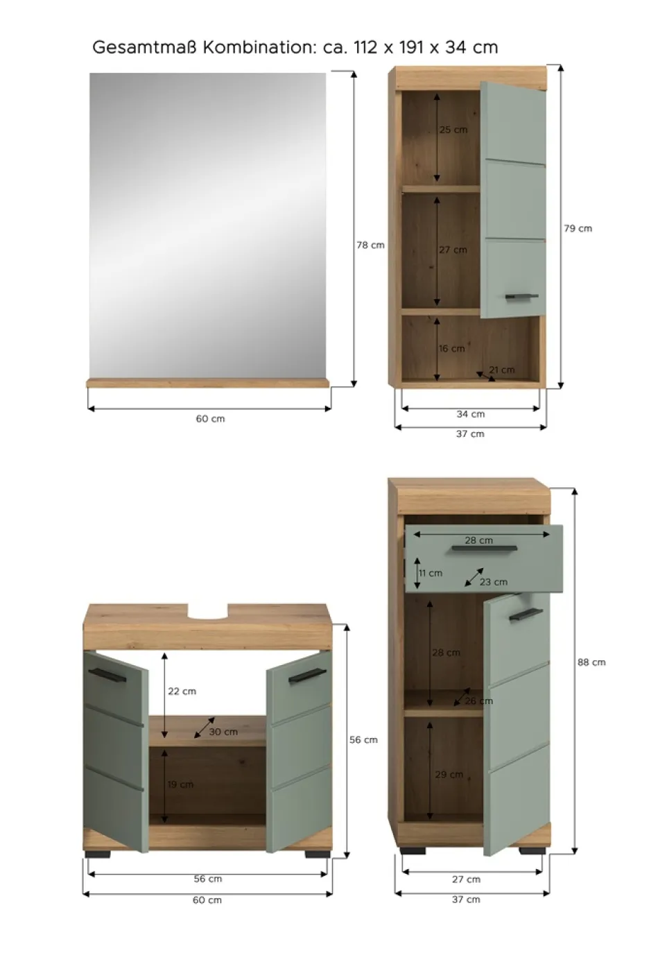 Badezimmer-Set Scout | Salbei / Artisan Eiche | 4-teilig | optional Aufsatzleuchte